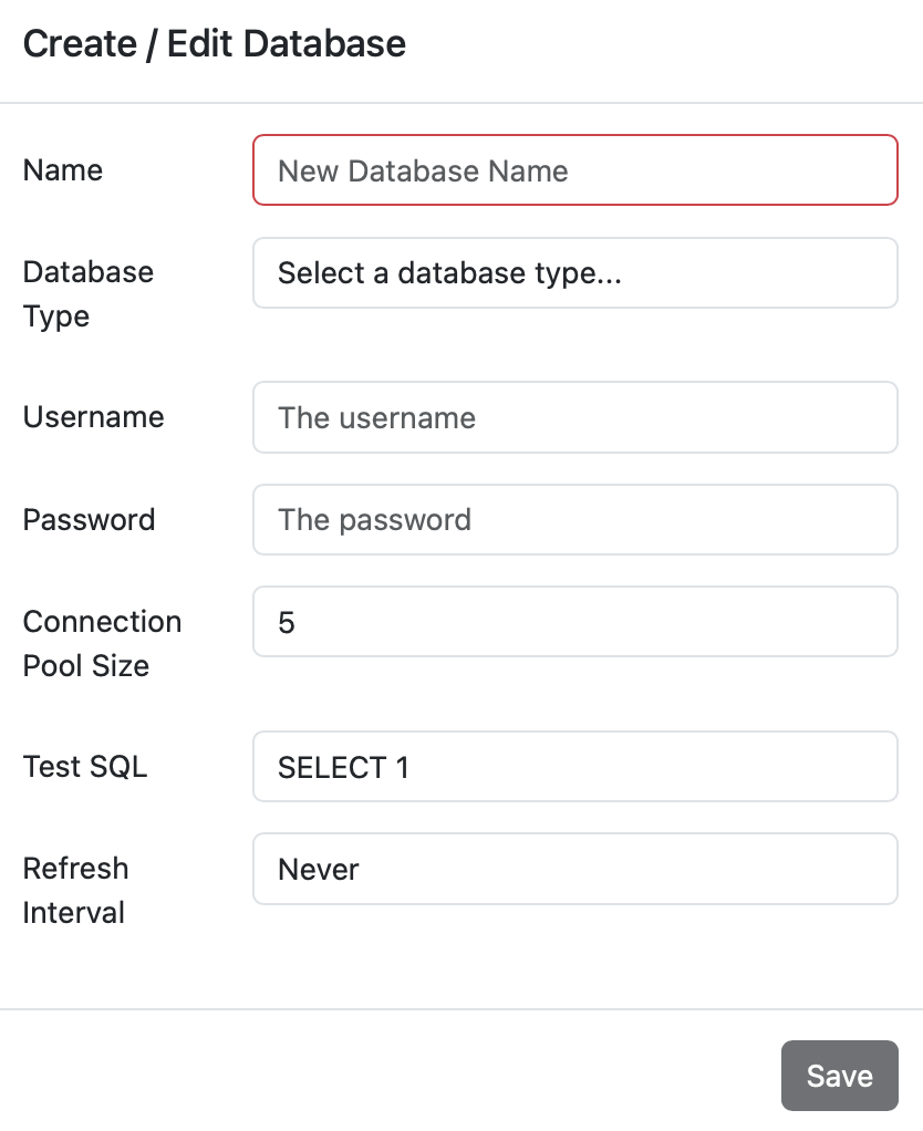 Database connection form with fields for name, type, host, port, database name, credentials, pool size, and refresh interval