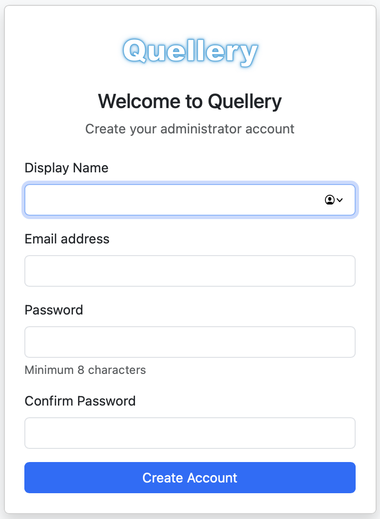 Quellery welcome screen with fields for display name, email, and password