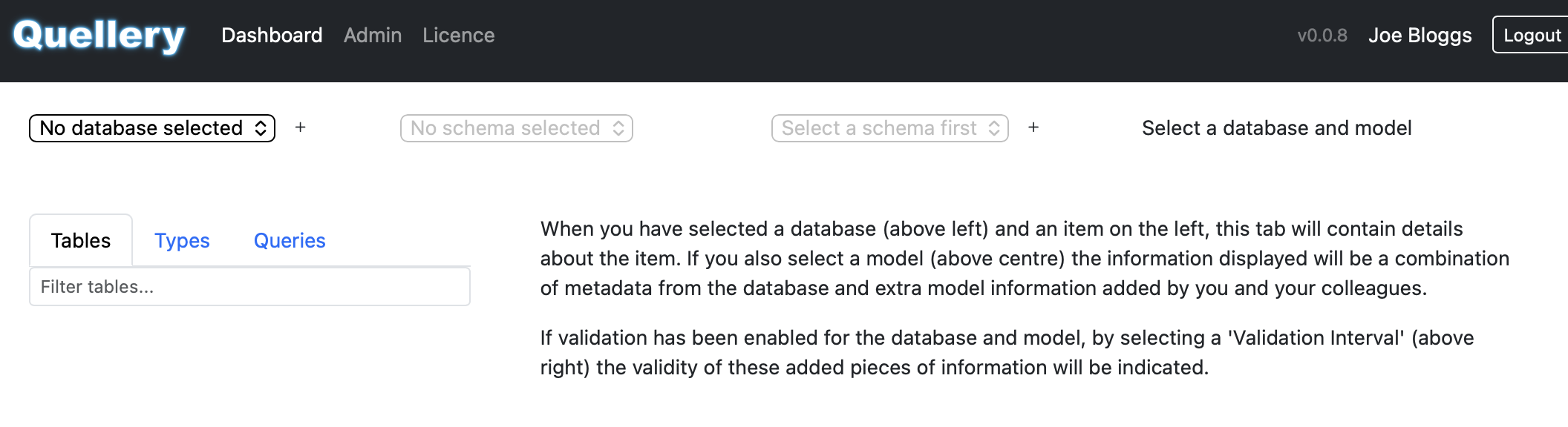 Quellery dashboard with database, schema, and model dropdowns along the top and a left panel for tables, types, and queries