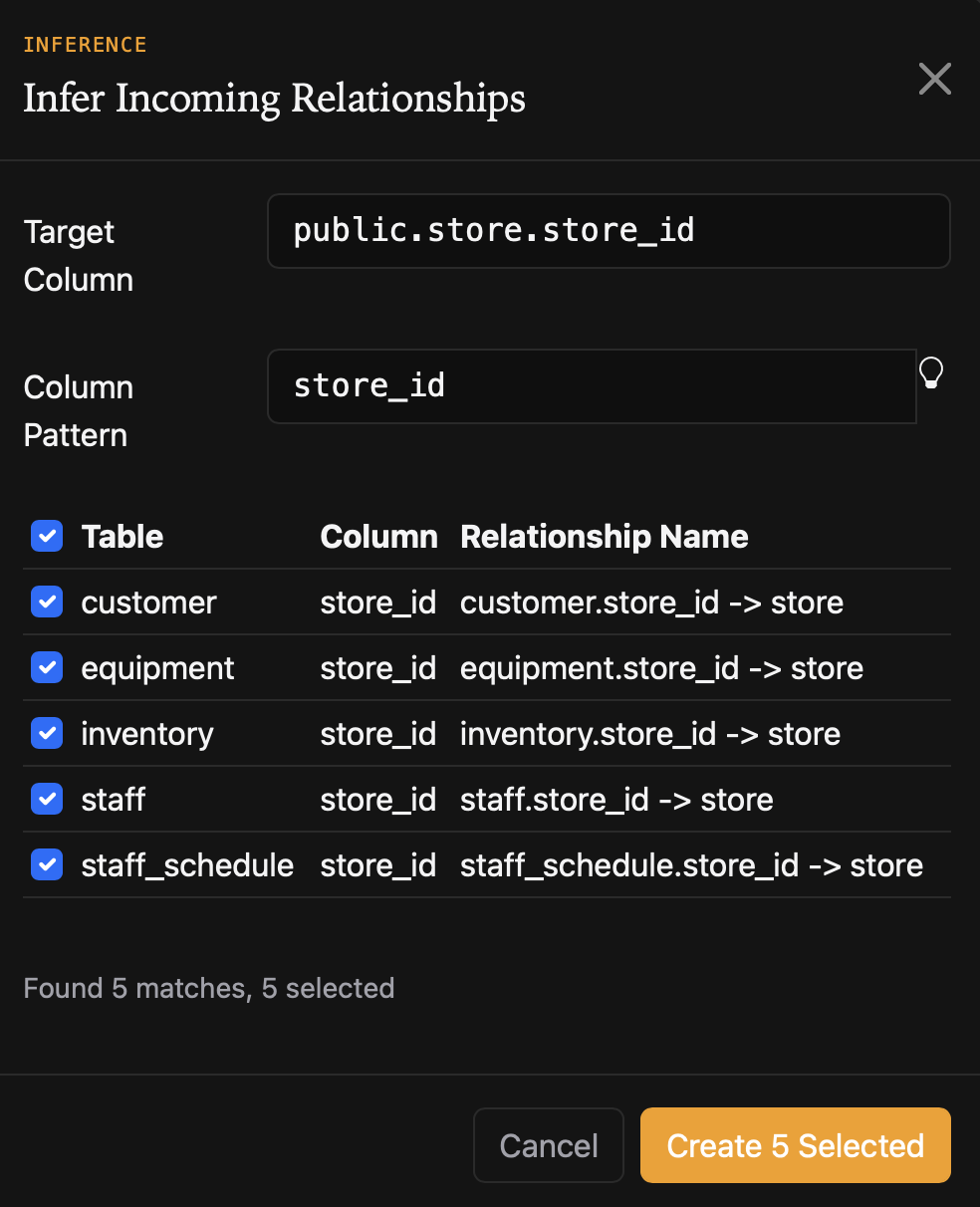 Quellery foreign key inference dialog showing pattern-based discovery of undeclared incoming relationships