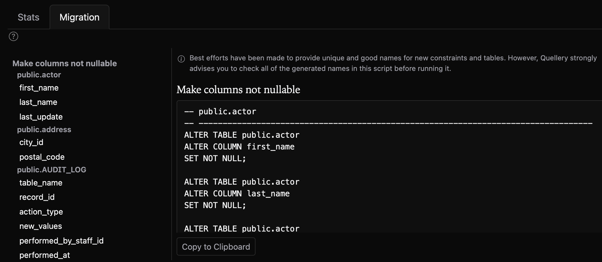 Quellery migration SQL generator output with ALTER TABLE statements that enforce NOT NULL, foreign key, and unique index constraints from the conceptual model