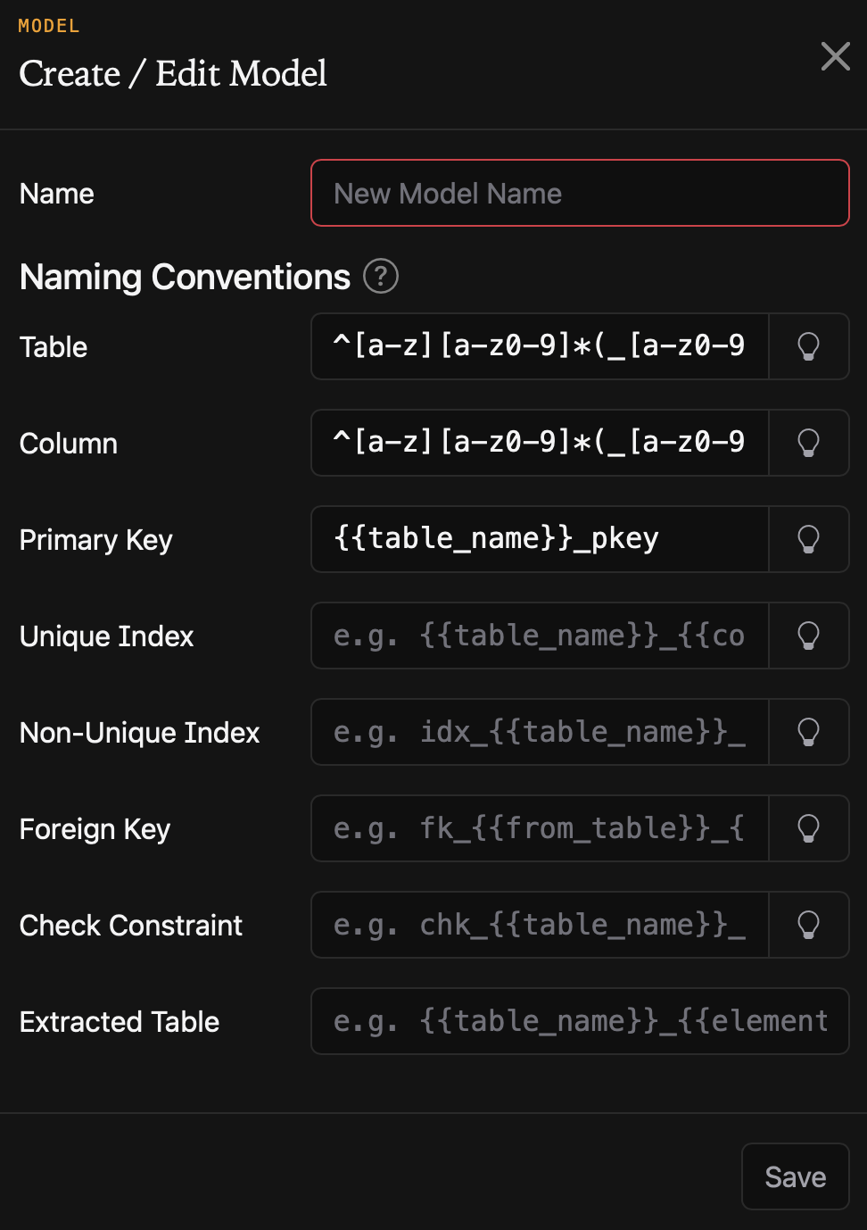Quellery model creation form with naming convention templates for primary keys, unique indexes, and foreign key columns