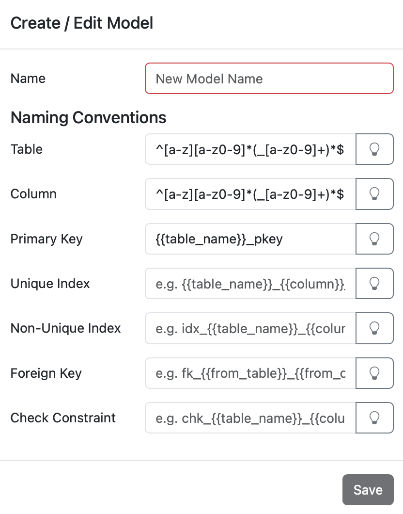 Model creation form with naming convention templates for primary keys, indexes, and foreign keys