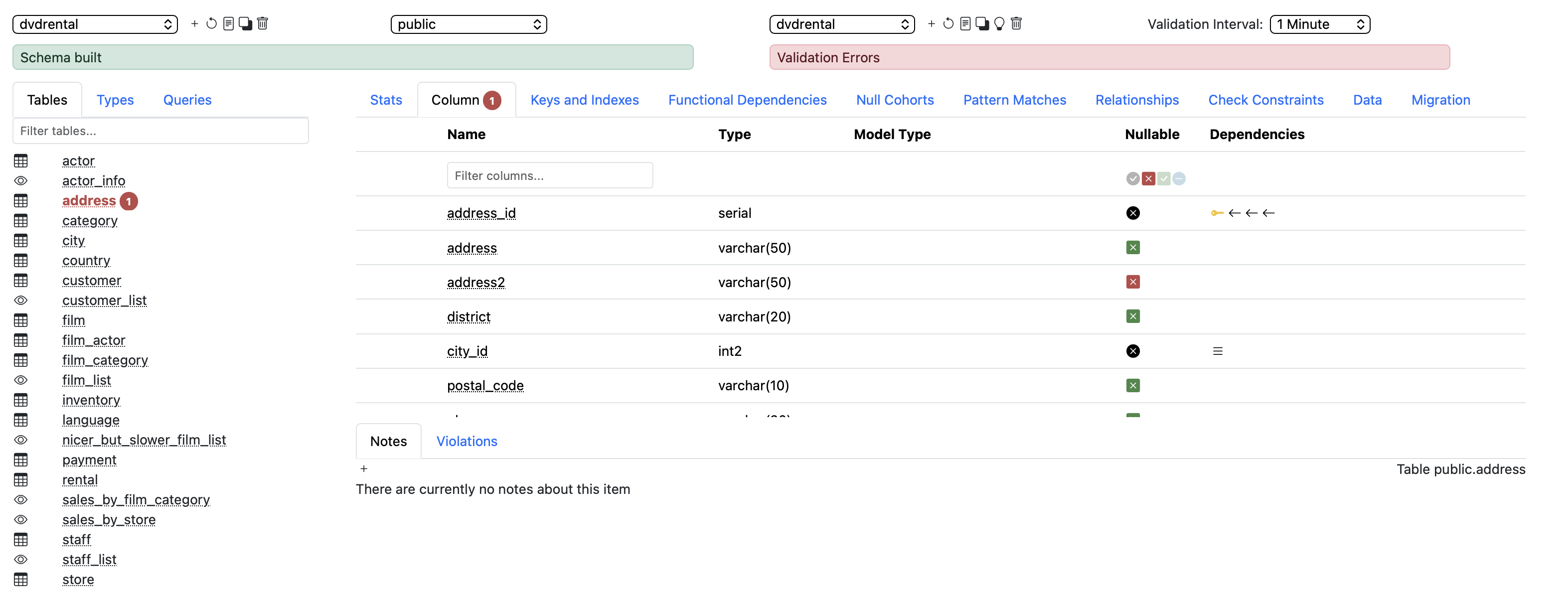 Quellery main interface showing table columns with validation badges and schema navigation
