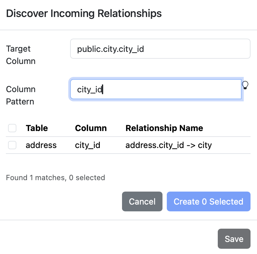 Discover incoming relationships dialog showing pattern-based foreign key discovery